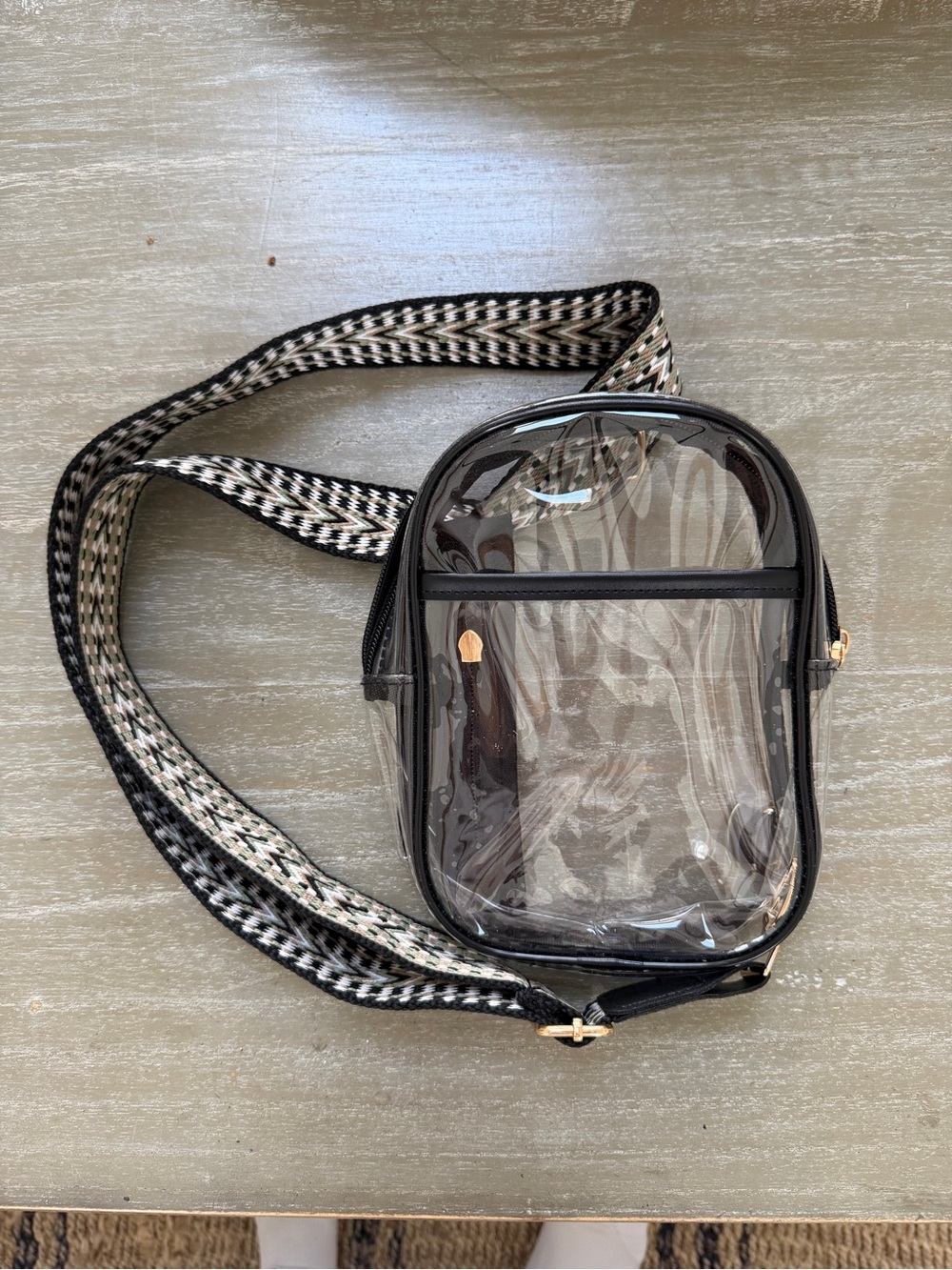 Clear Stadium Crossbody bag with black strap.